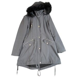 GUESS Parka Coat Women Large Gray Softshell Faux Fur Trim Hooded Water Resistant